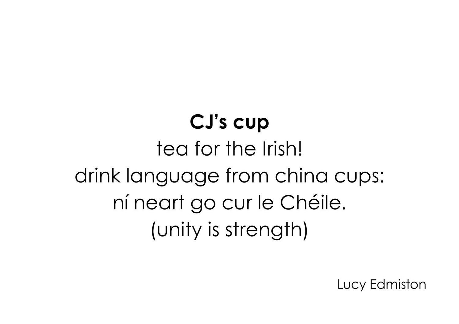 A teacup displays text in Chinese characters with English translations about unity and strength below.