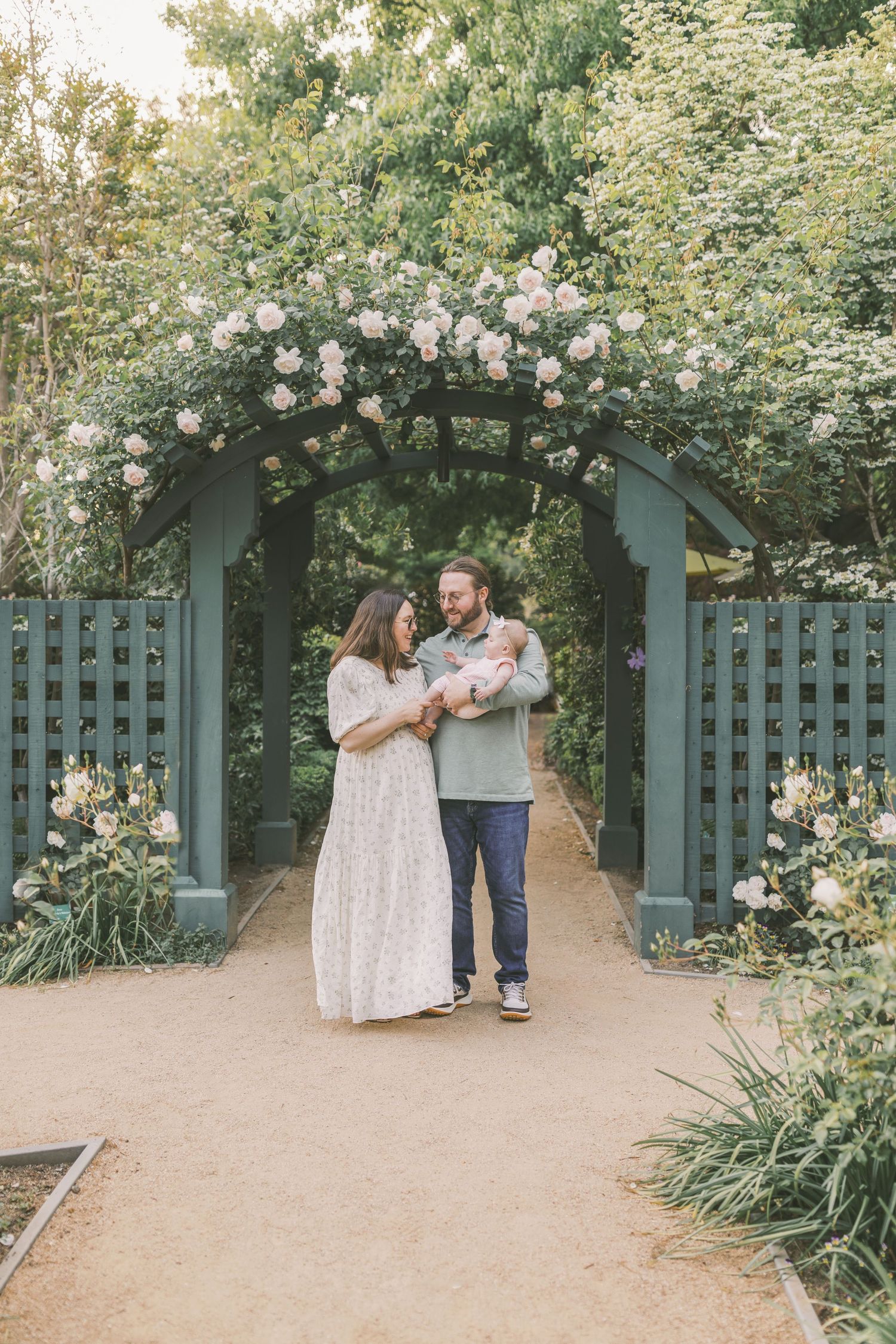 A serene garden path with brick pavers leads through lush greenery and lattice fencing in dappled sunlight.