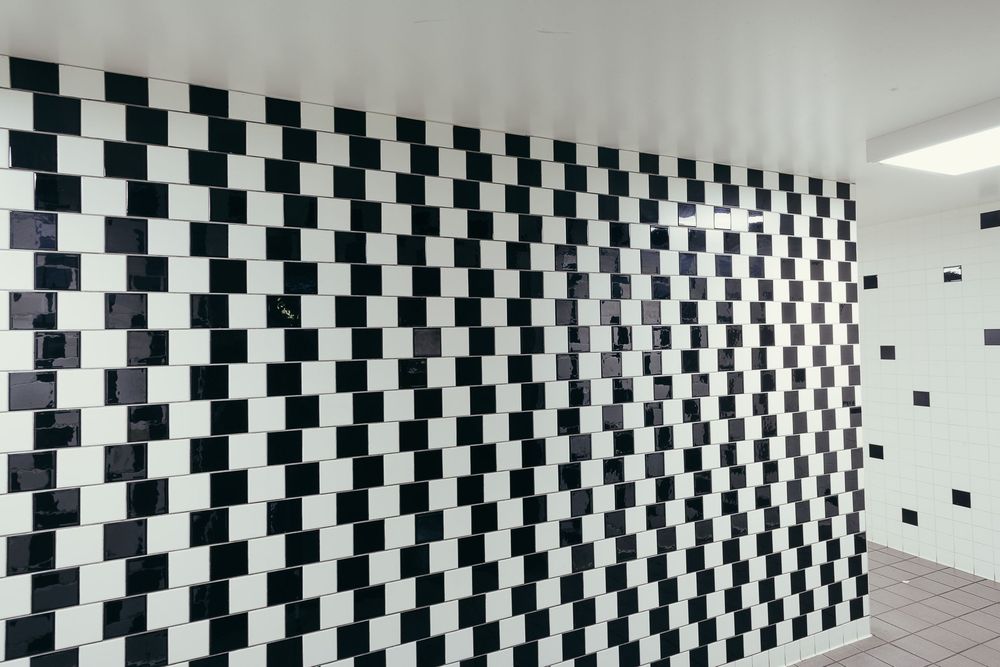 Black and white checkered pattern wall design creating a striking geometric visual effect.