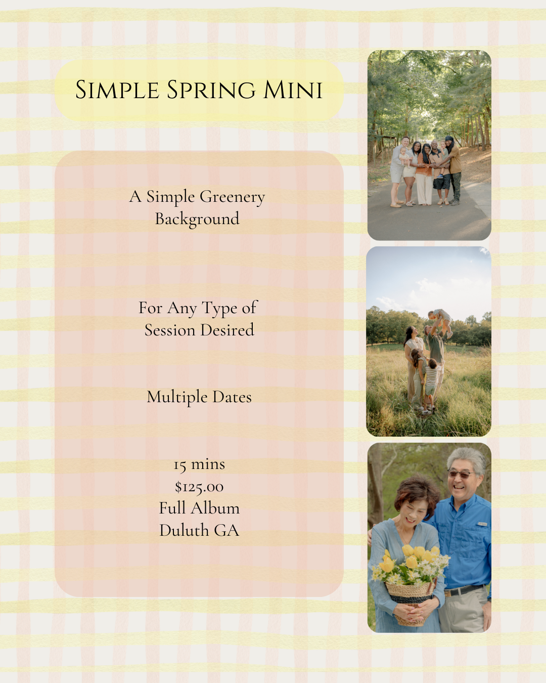A collage of outdoor spring photo session previews with soft pastel backgrounds and nature settings in Duluth, GA.