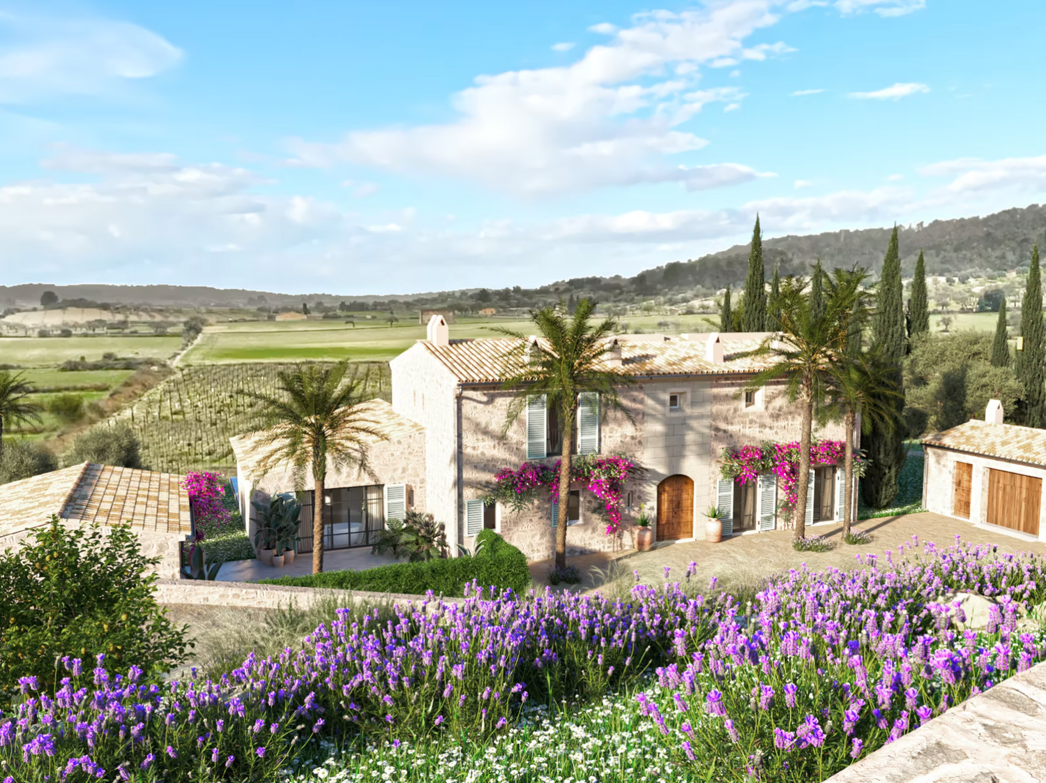 Panoramic view of a Mediterranean coastal landscape with palm trees, purple flowers, and white buildings under blue sky.