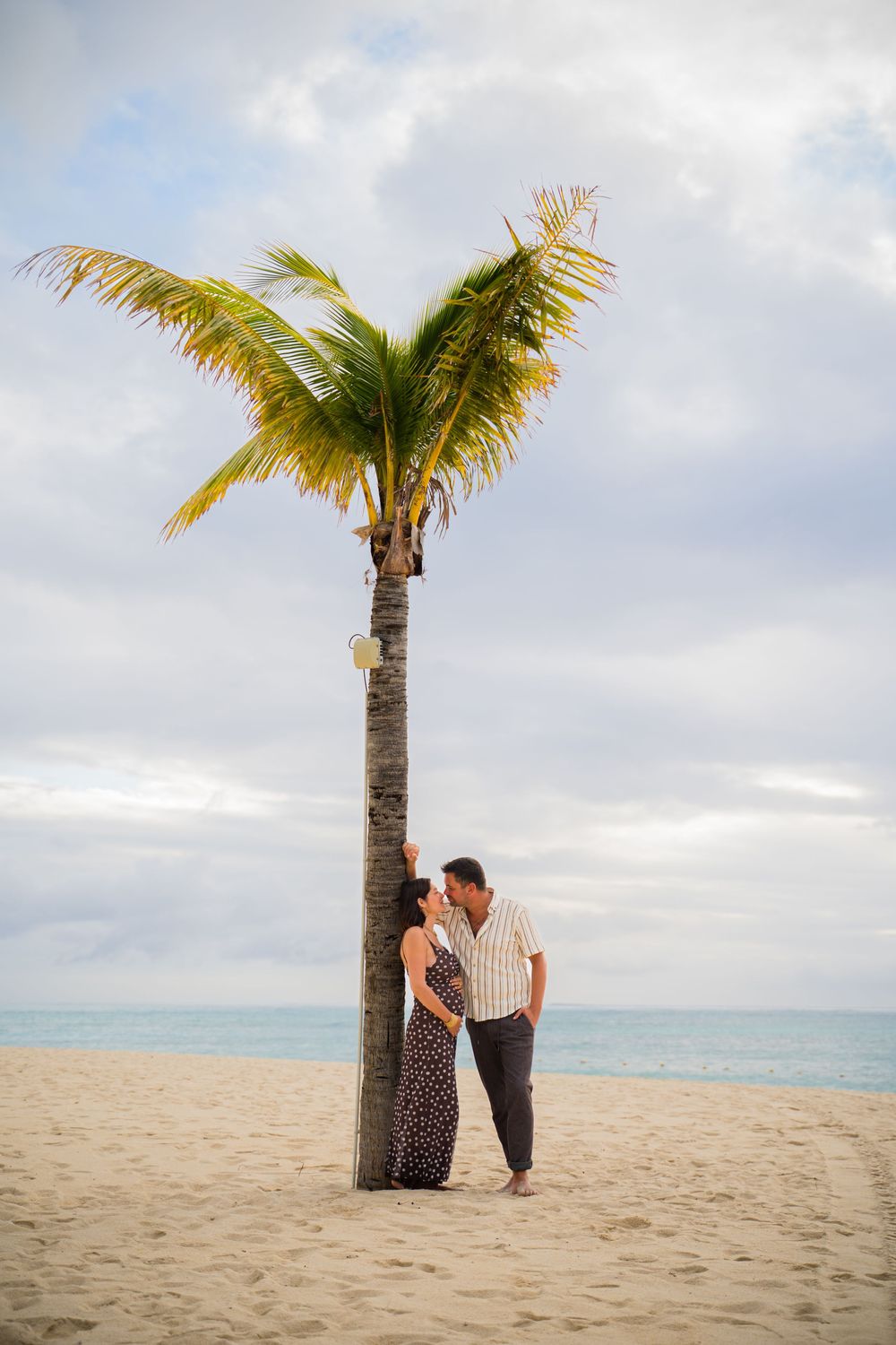 A couple sits beneath a palm tree on a tropical beach at sunset.