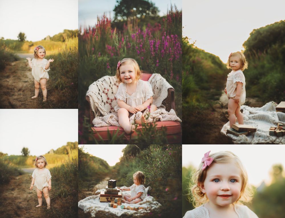 Outdoor summer photo session in a field with wildflowers during golden hour.