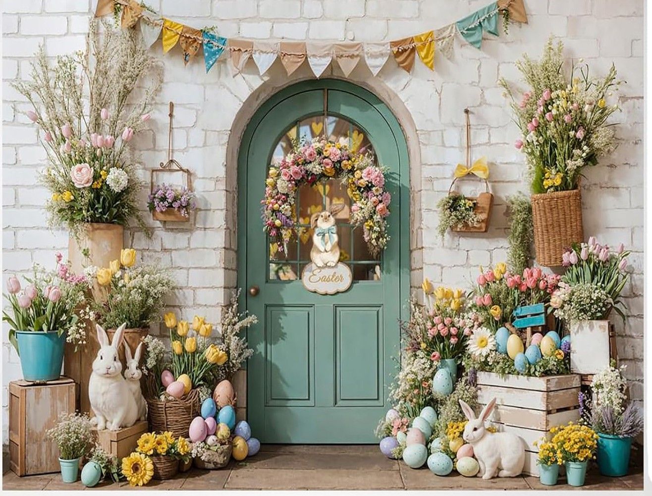 Easter decorated turquoise door with bunnies, eggs, and spring flowers.