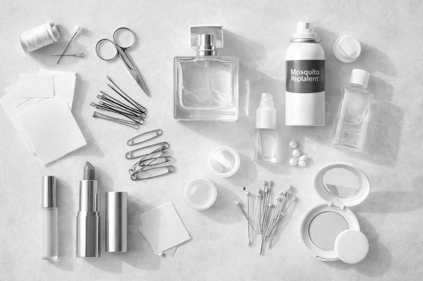 Flat lay of beauty products and cosmetics in soft pink and white tones arranged on a light textured background.