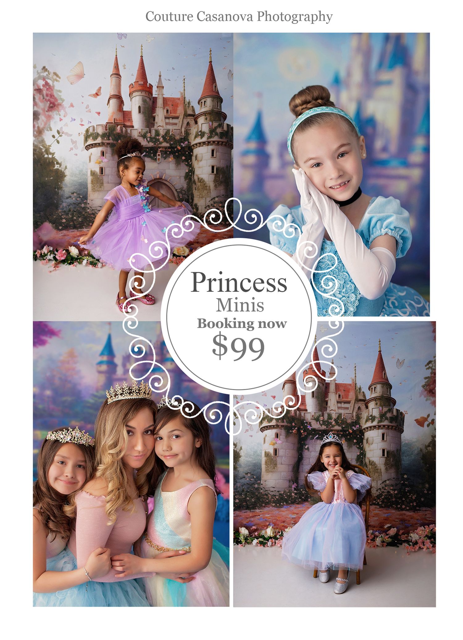 Princess photography session advertisement featuring magical castle backdrop and sparkly decorations in soft pastel colors.