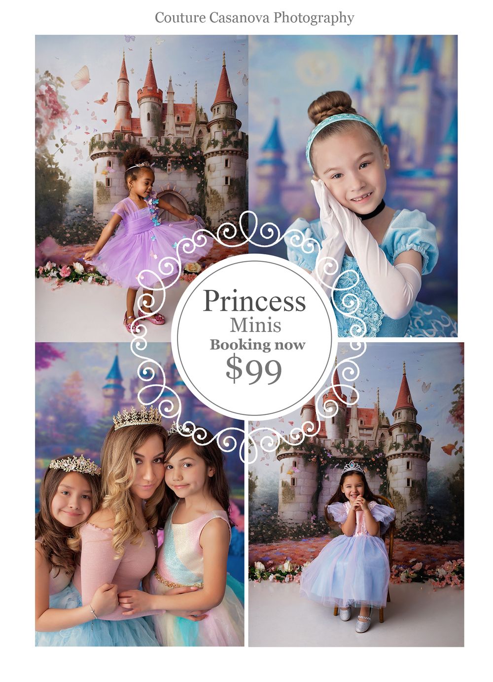 Princess photography session advertisement featuring magical castle backdrop and sparkly decorations in soft pastel colors.