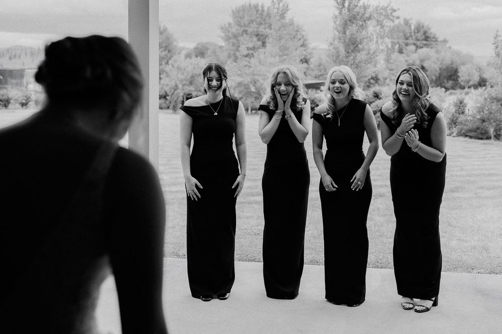 A black and white photo sequence shows a group in dark clothing walking and posing together outdoors.