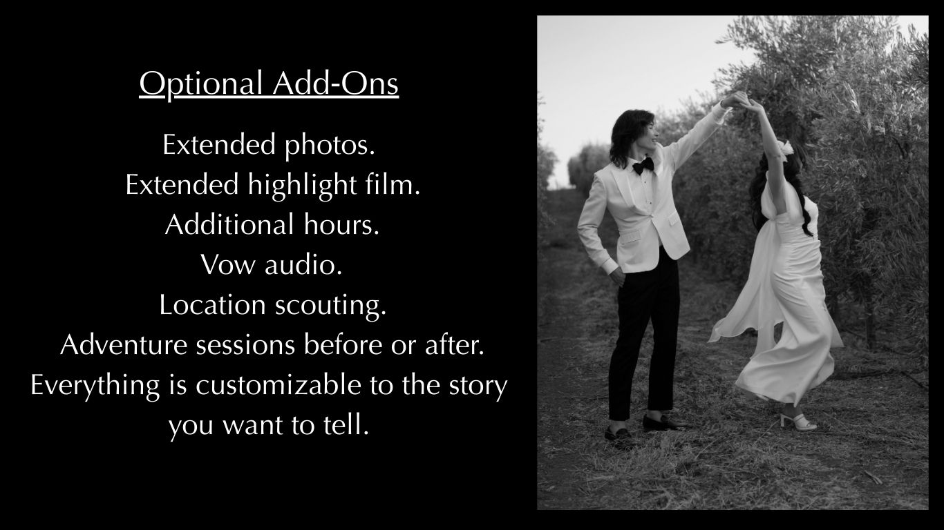 Left Text: Optional Add On for Luxury Content Creation
Right Photo: Wedding Couple Dancing in a vineyard in Napa Valley.