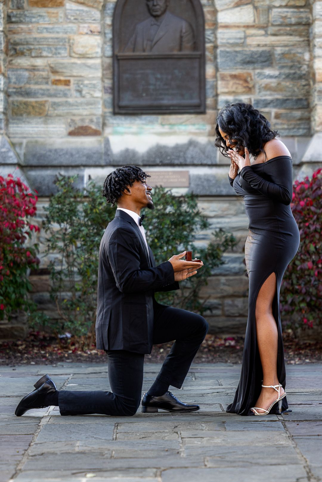 Frederick Maryland Wedding Photographer   - A romantic proposal sequence showing someone kneeling to pop the question on a stone patio.