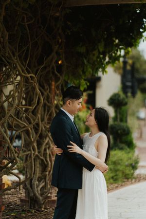 A romantic couple embraces in a garden setting with twisting vines and greenery creating a natural backdrop.