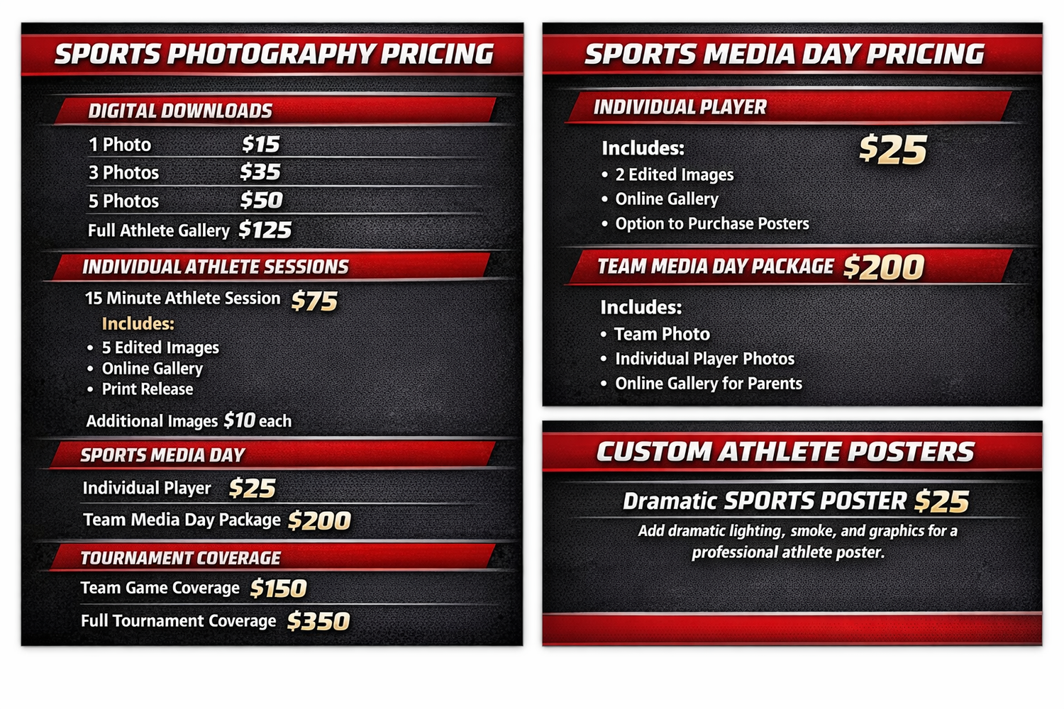 Red and black sports photography pricing menu board displaying various packages and services for athletic photography.