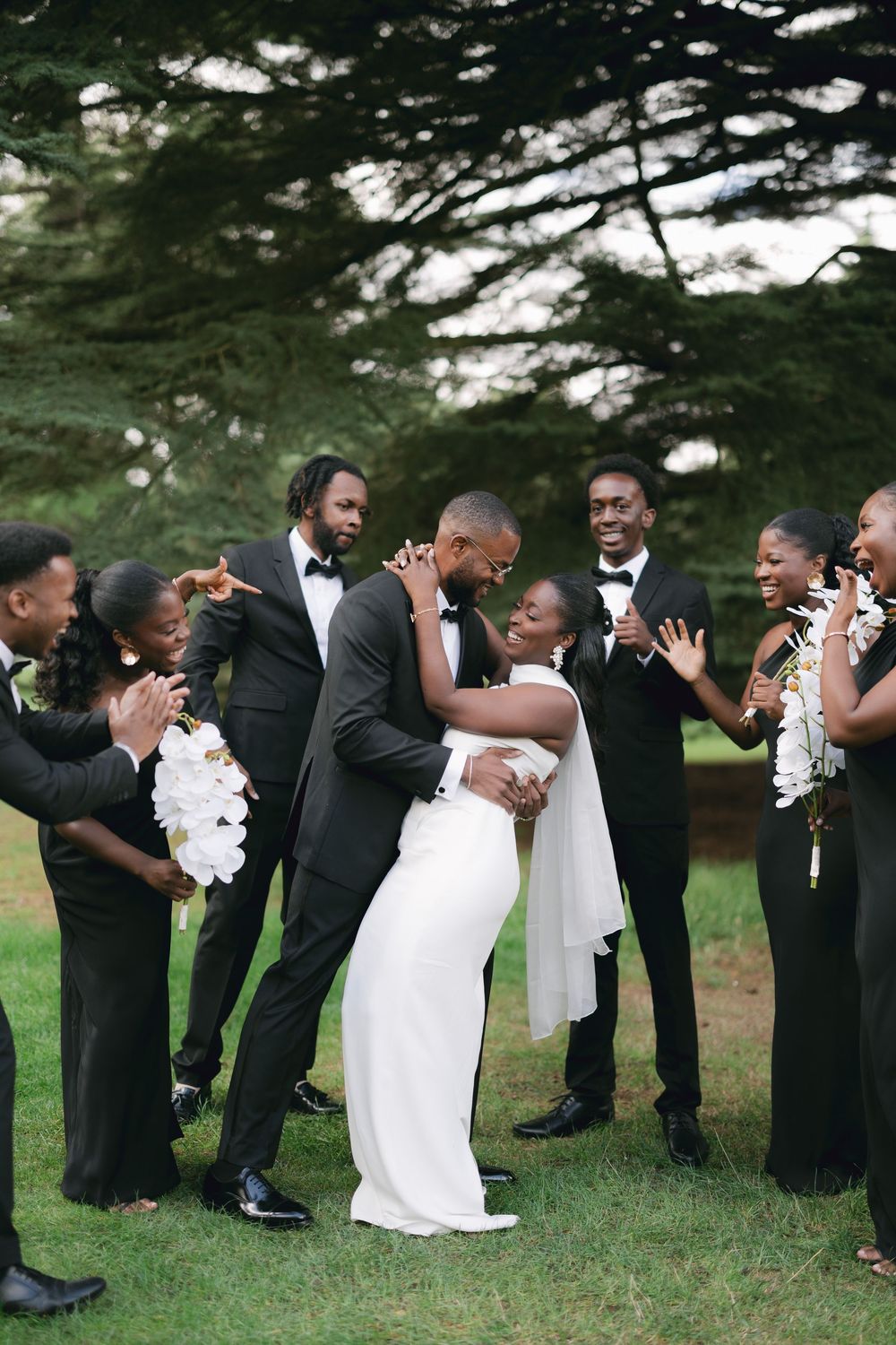 A wedding party celebrates on a lawn as the newlyweds share a romantic dip kiss surrounded by groomsmen in black suits.
