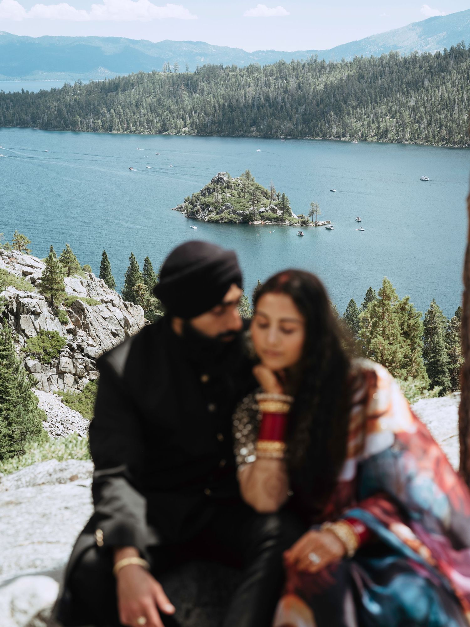 Scenic mountain landscape with Lake Tahoe and forested shoreline visible across multiple connected photos.