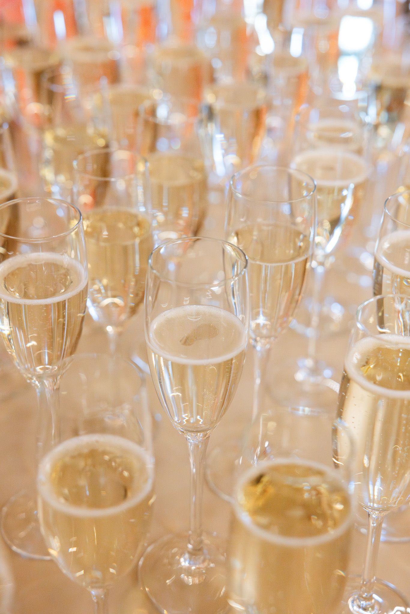 Multiple champagne flutes filled with sparkling wine create an elegant celebratory display.