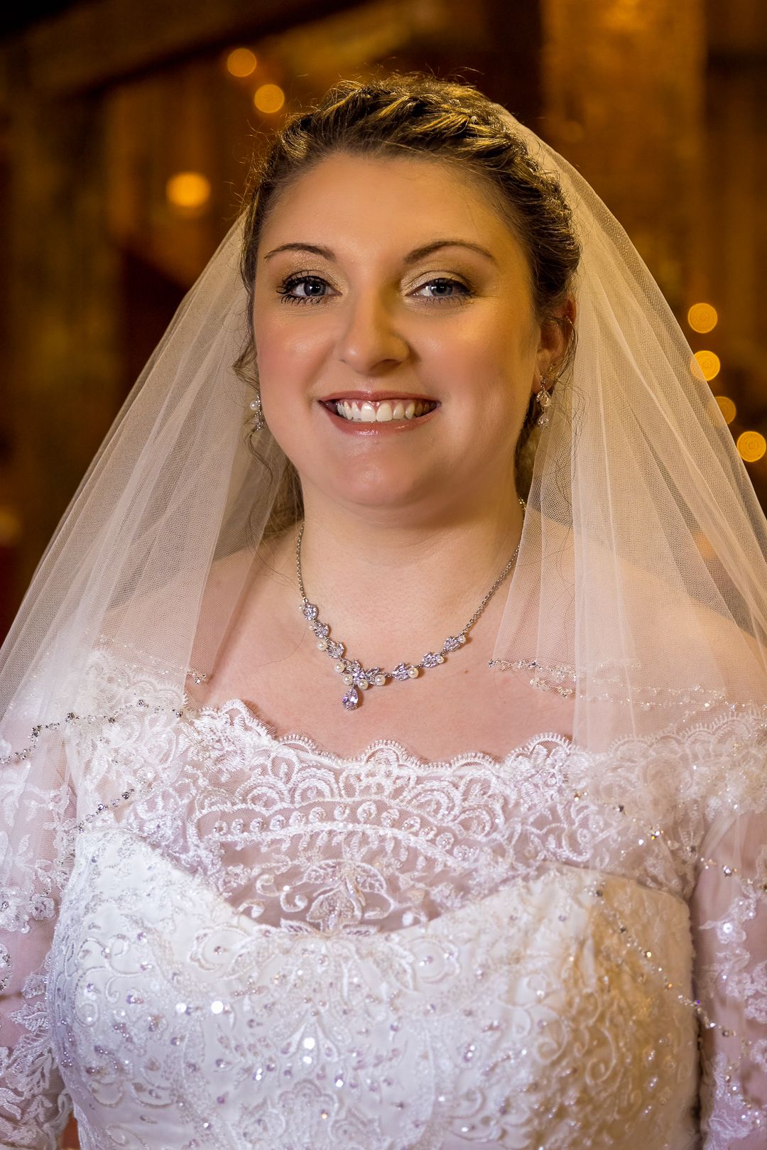 Frederick Maryland Wedding Photographer  Close up of intricate lace wedding dress neckline with crystal necklace and veil.