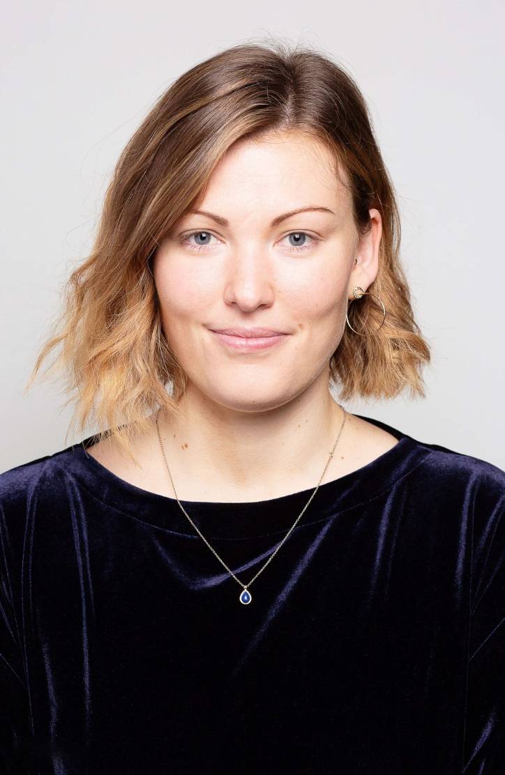 A series of headshots showing a person with ombre blonde hair wearing a navy velvet top and pendant necklace.