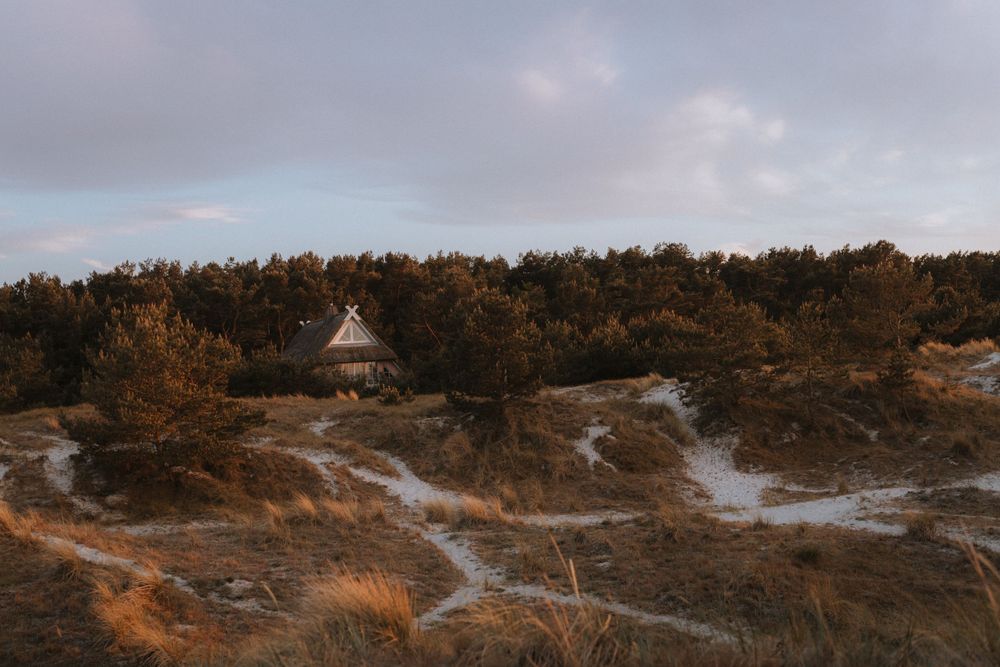 Rustic cabin perched on hillside with winding paths through autumn landscape.