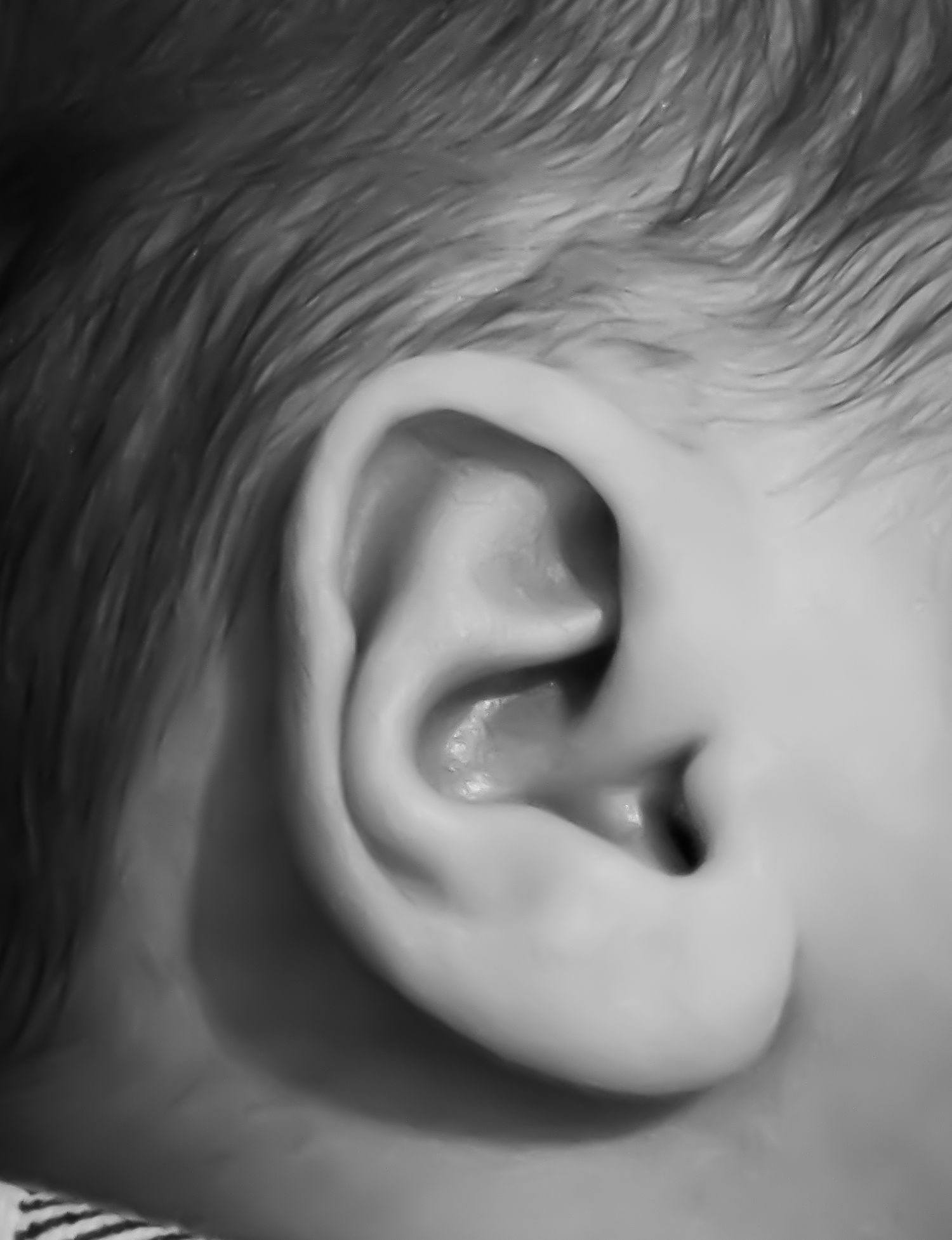 Close-up black and white photo of a baby's ear showing delicate features and fine hair.