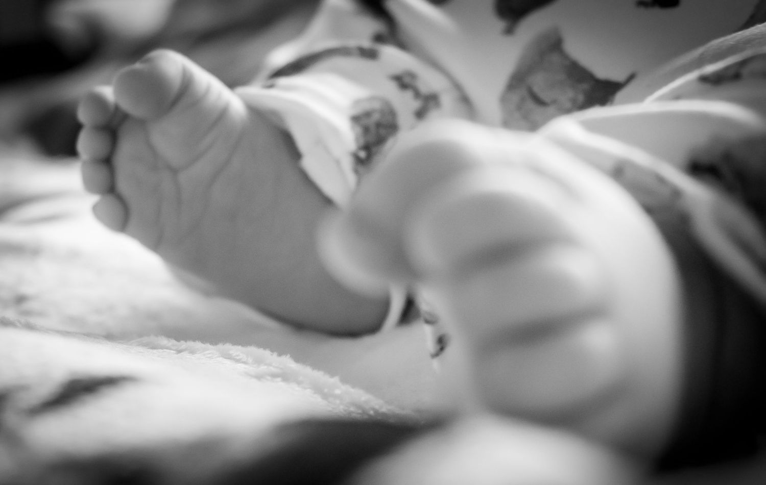 Close-up black and white photo of a newborn baby's tiny feet and hands resting peacefully.