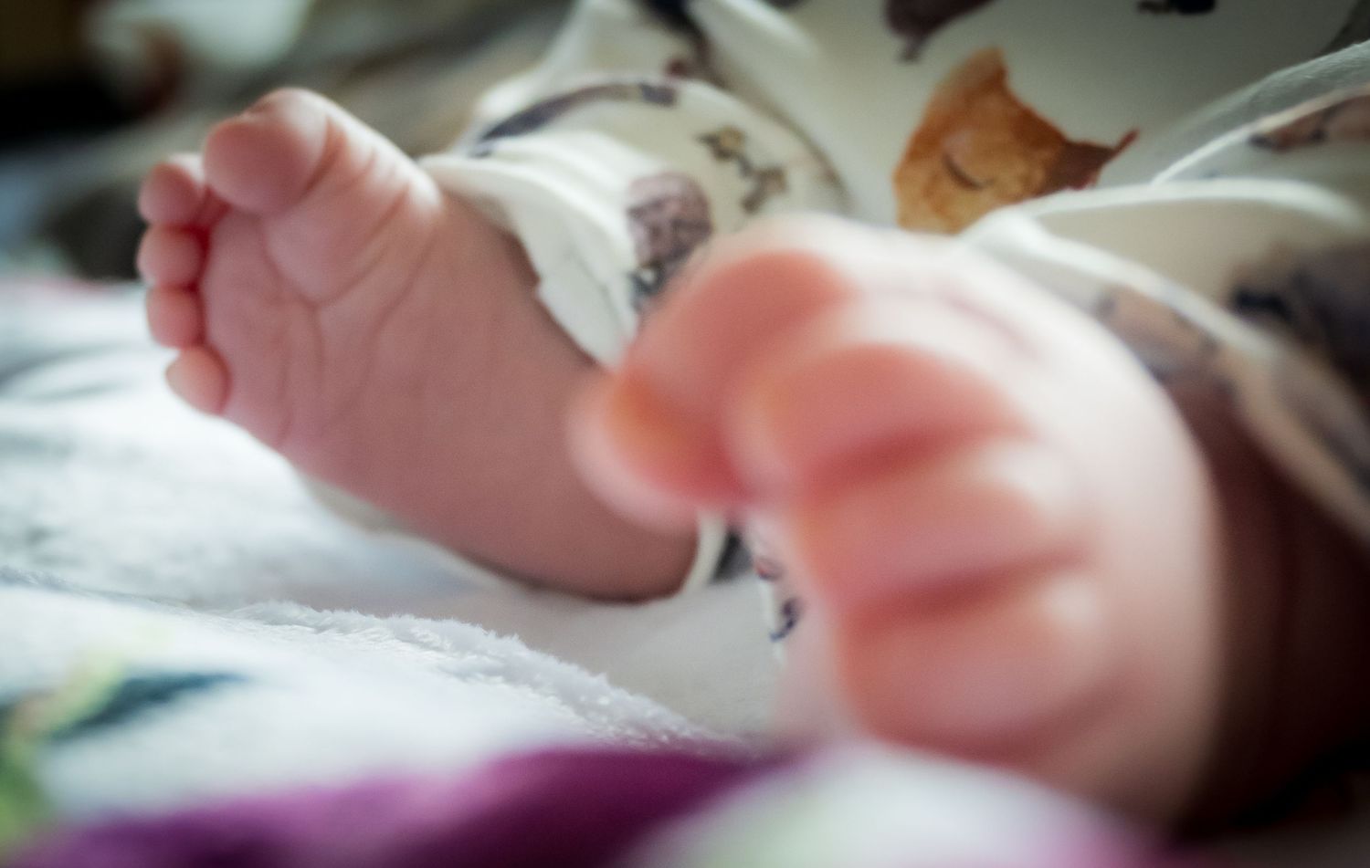Close-up of a newborn baby's tiny feet and hand resting on a soft white blanket.