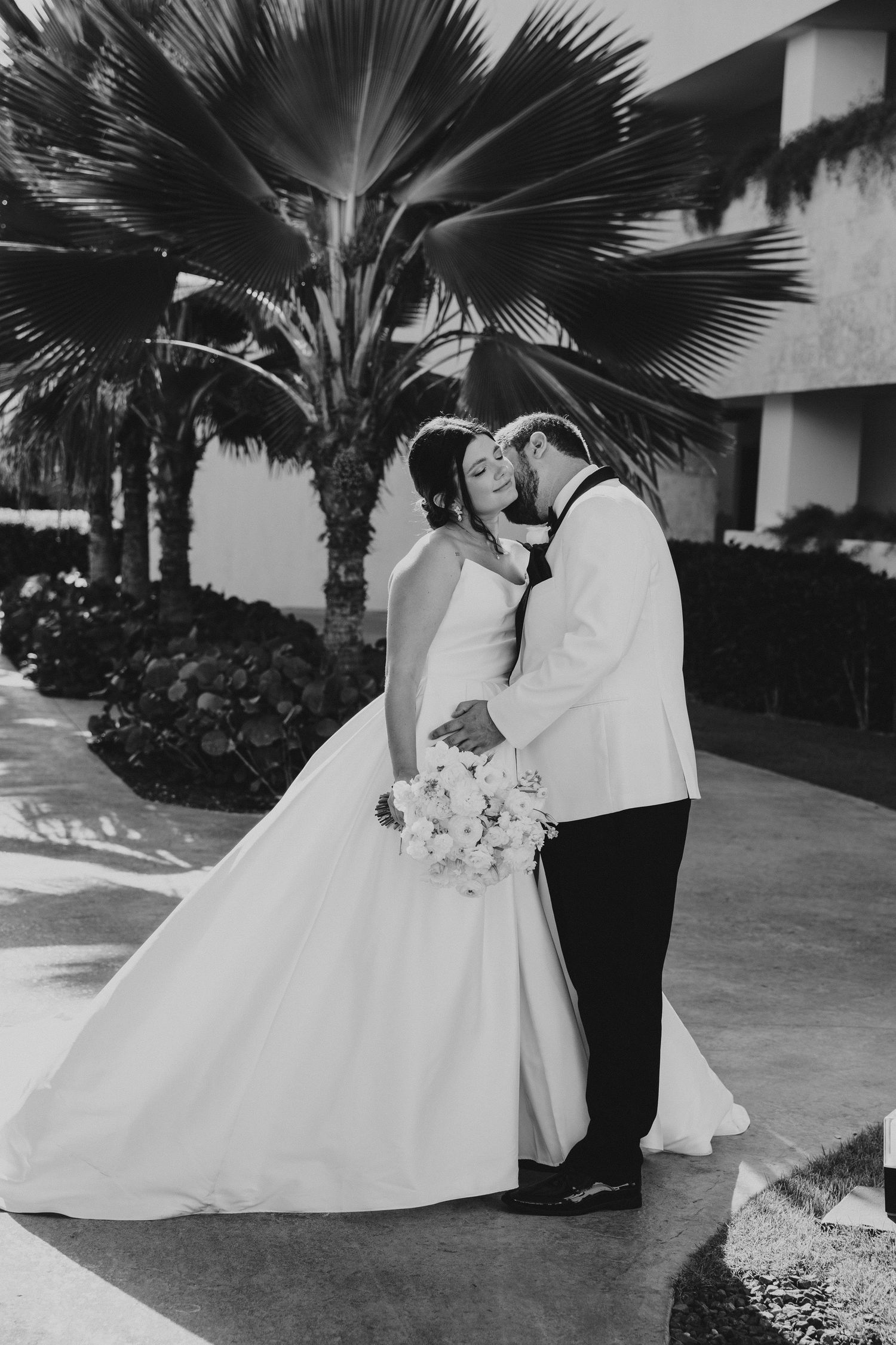 A black and white romantic moment between newlyweds under a palm tree at dreams macao beach resort