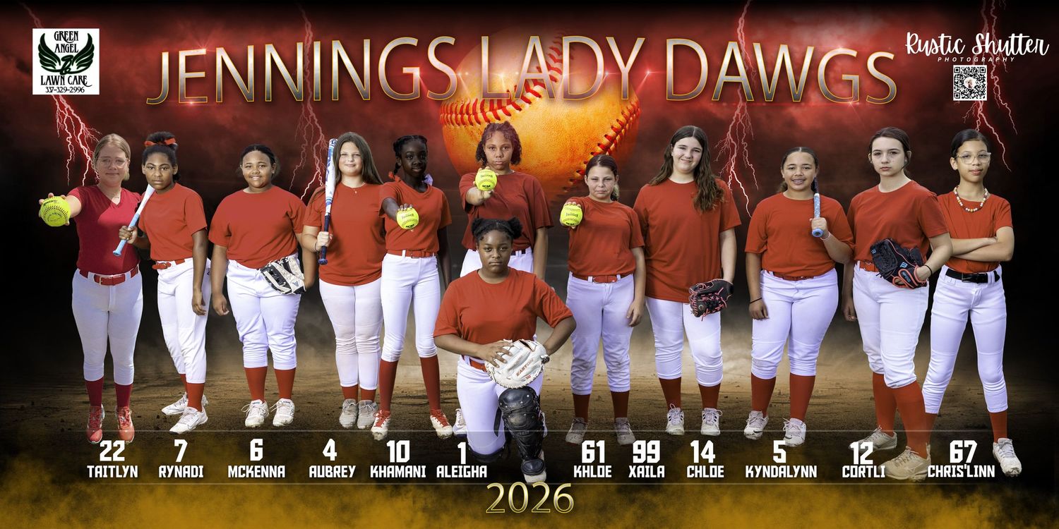 2026 Jennings Lady Dawgs softball team banner featuring players in red uniforms posed on a field with player numbers.