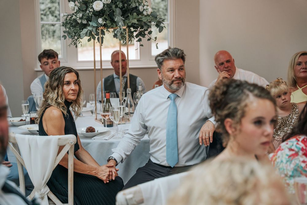 Wedding guests reacting to emotional speeches at Rockbeare Manor