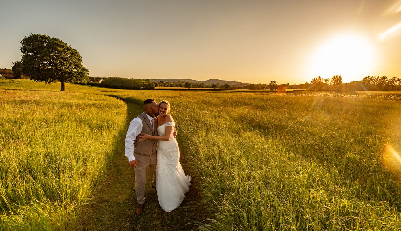 A couple walks through a golden field at sunset with a lone tree silhouetted against the warm sky.