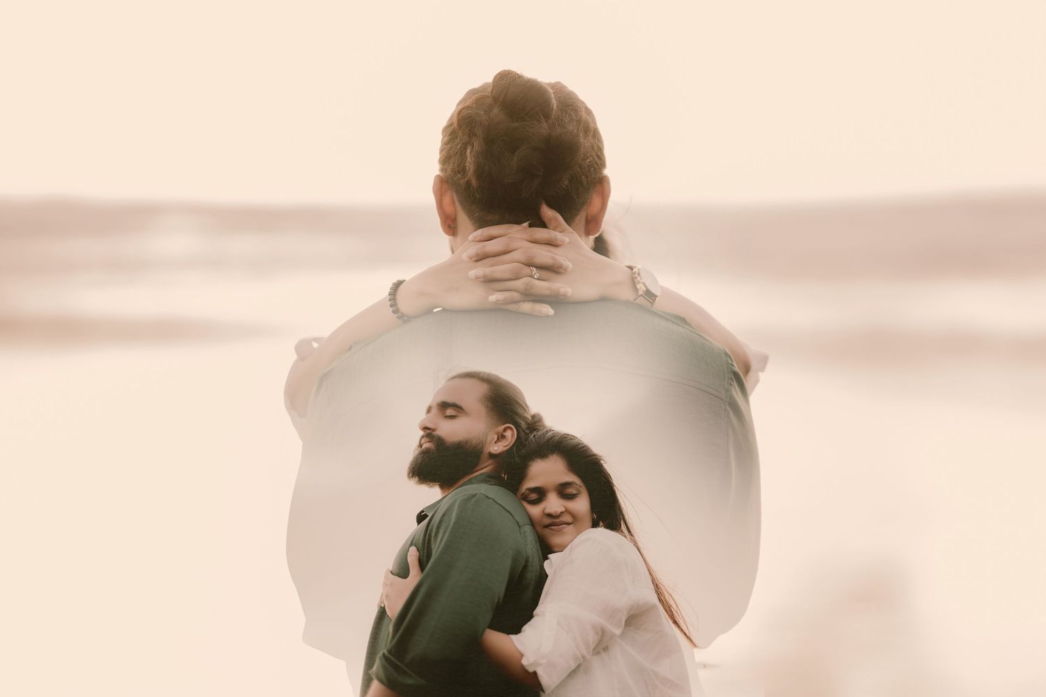 Double exposure portrait showing silhouetted couple embracing against beige background with head bowed overlay.