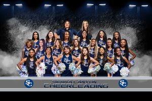 Large cheerleading squad poses together in navy uniforms for official team photo.