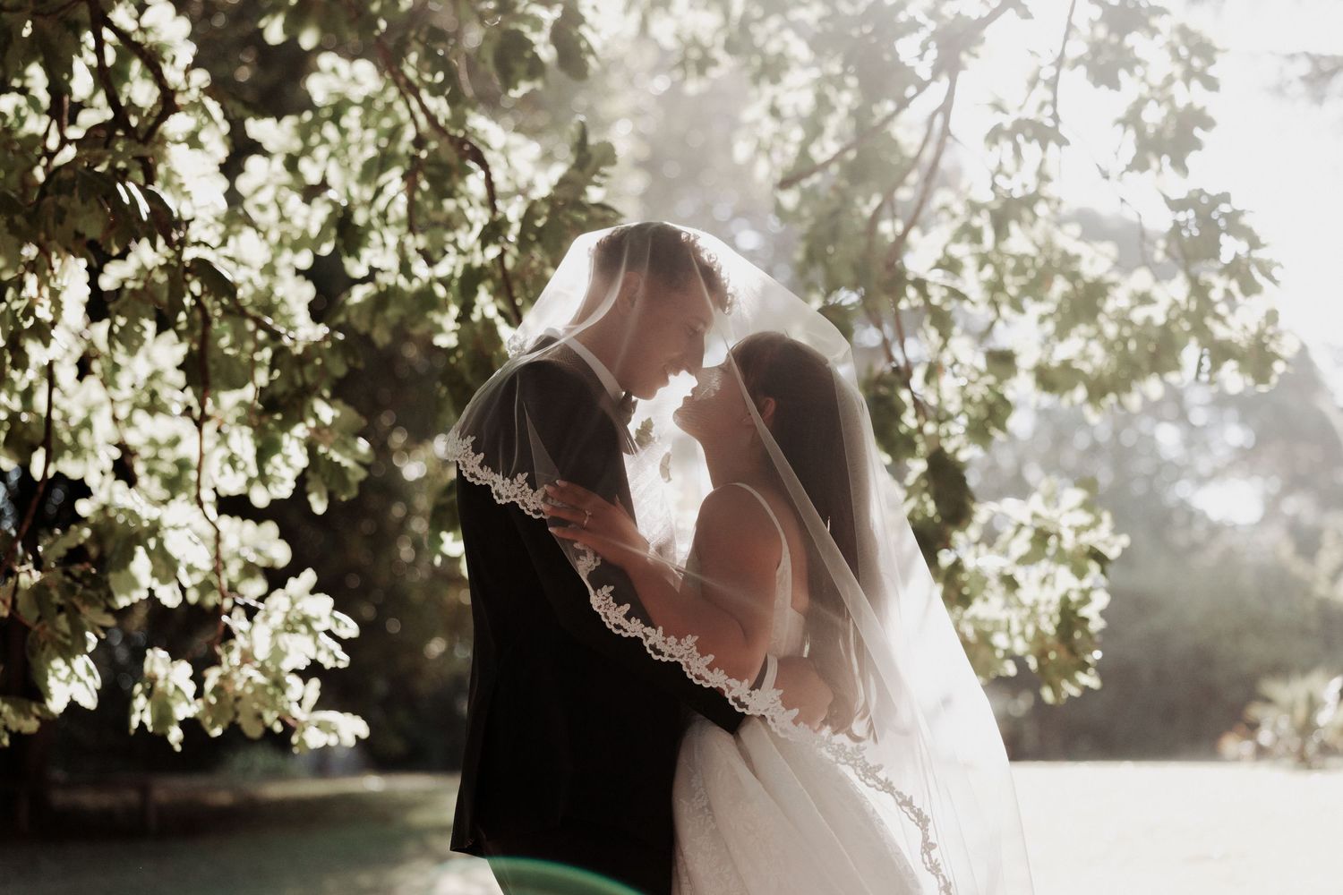 A bride and groom share a romantic kiss under blooming white flowers on their wedding day.