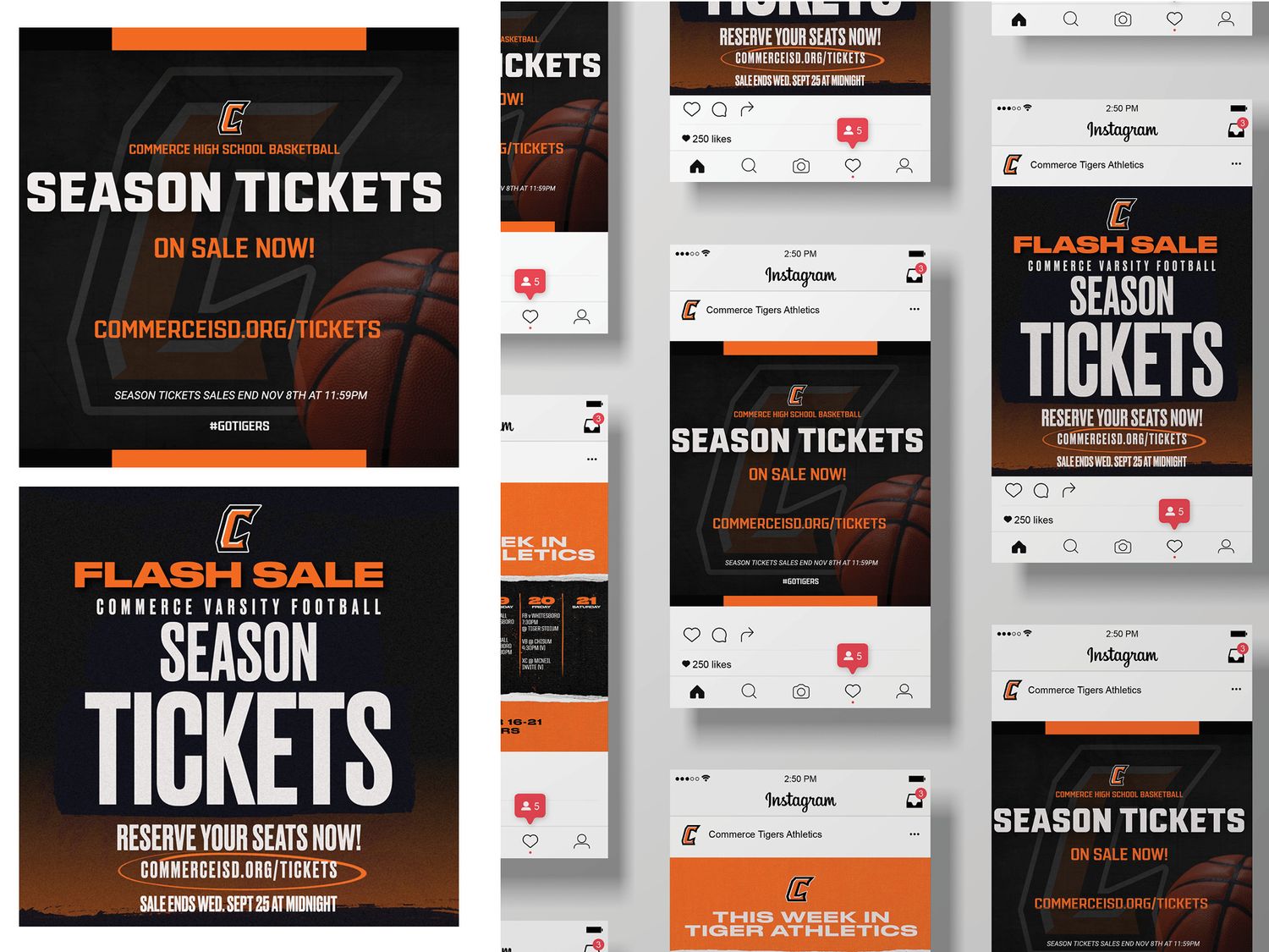 A collection of orange and black social media posts advertising season tickets and flash sale promotions.