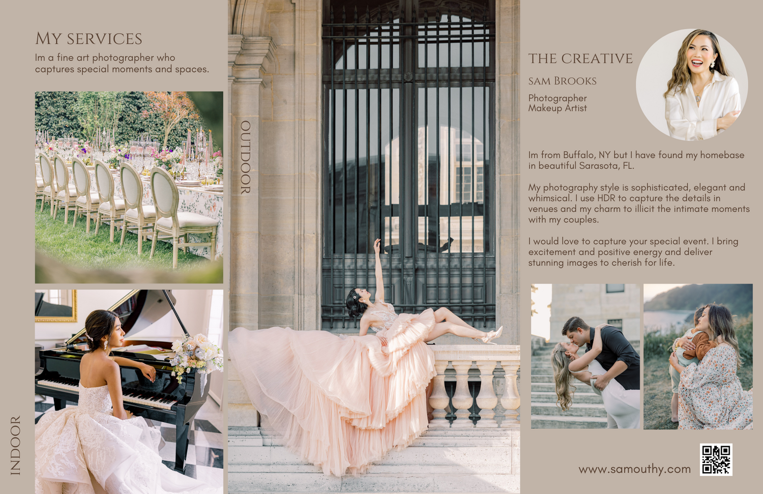 Elegant wedding photography layout showing piano music, pink flowy dress, and vintage architectural details in a luxury venue.
