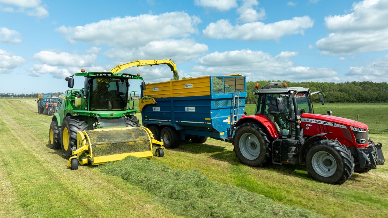 Green harvester working alongside blue grain cart and red tractor in sunny hay field during harvest operations.