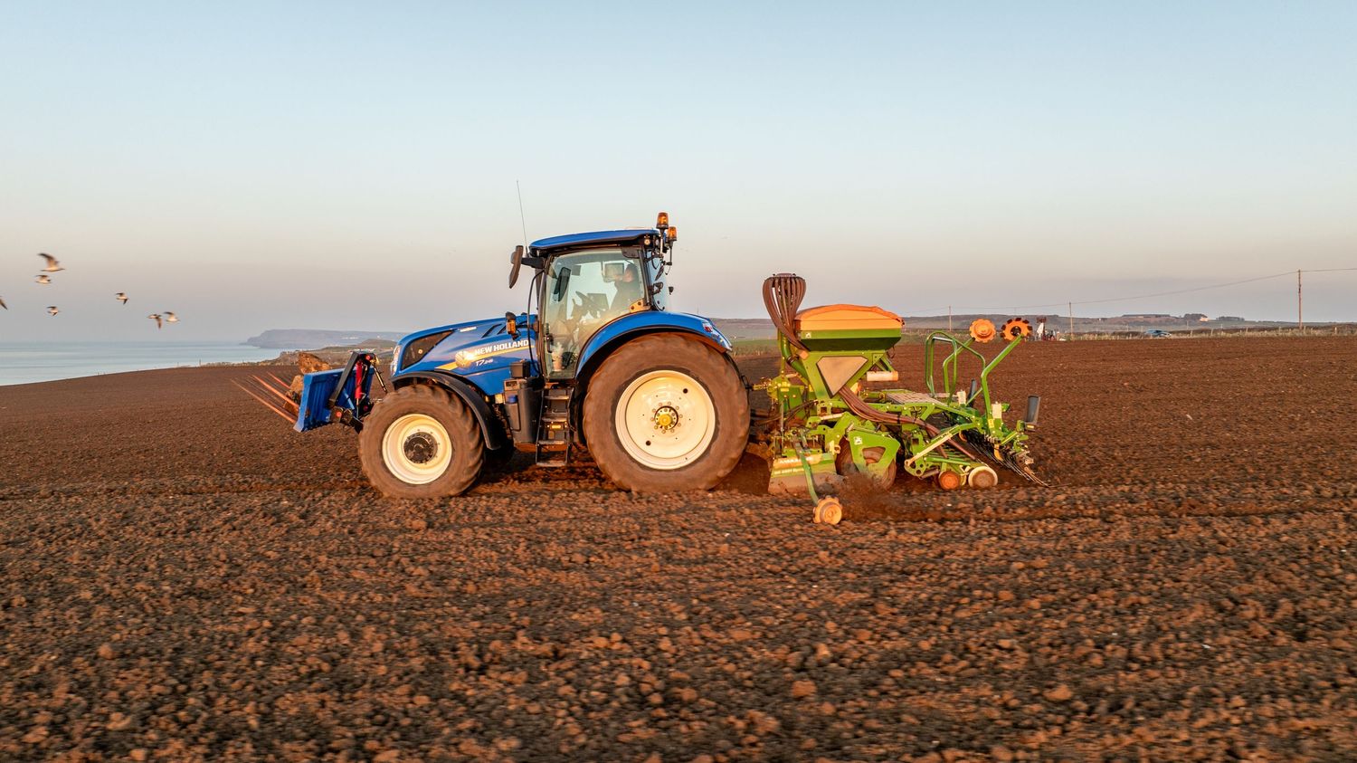 Blue tractor plowing fertile brown soil in an agricultural field at sunset with birds flying overhead.