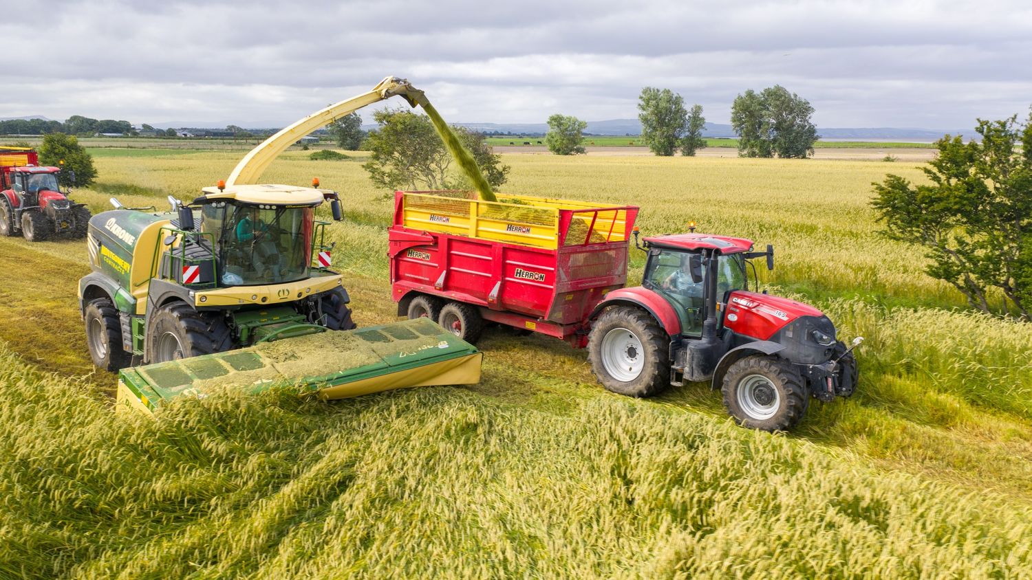 Agricultural equipment harvesting grain crops in picturesque golden fields under a cloudy sky.