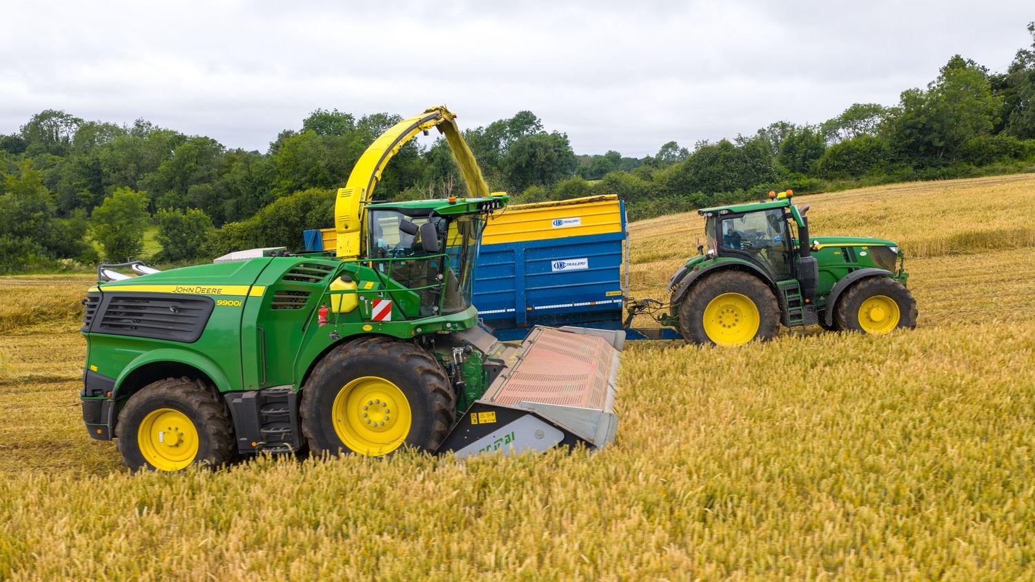 Aerial panoramic view of tractors and harvesting equipment working in a golden wheat field during harvest season.