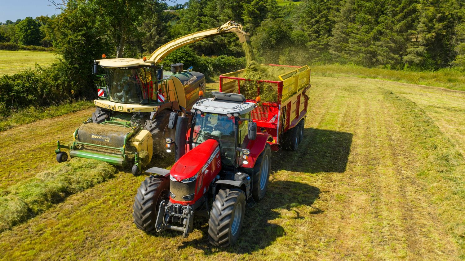 Agricultural harvesting operation with red tractors and yellow forage harvester working together in a green field.