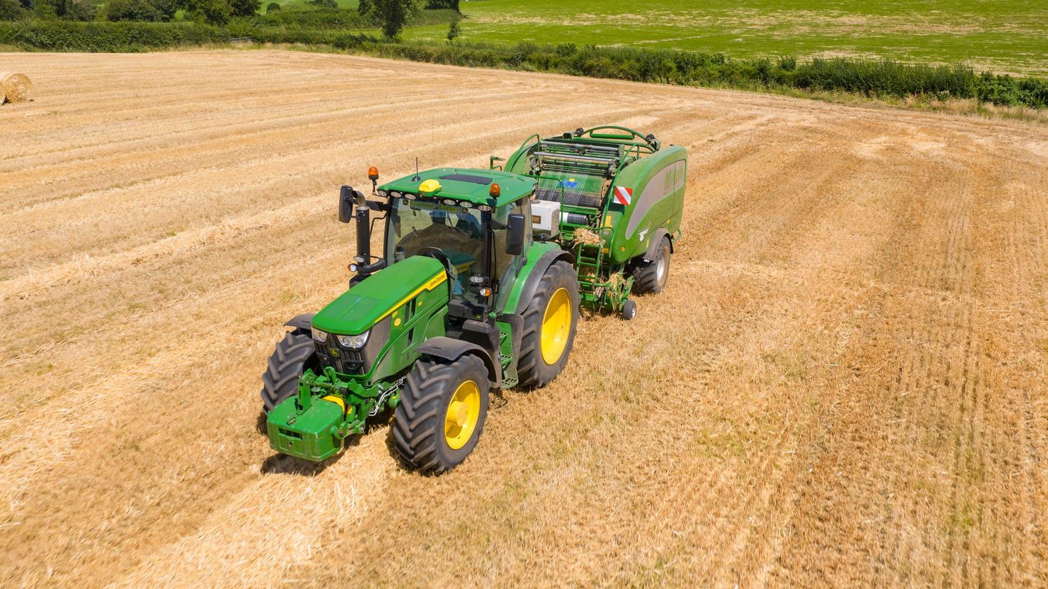 Agricultural machinery plows fields in a sequence of connected photos showing tractor operations in rural farmland.