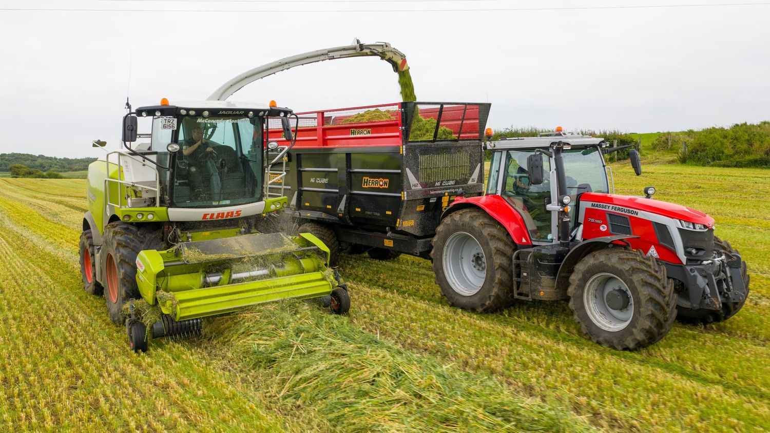 Green combine harvester unloading grain into red hopper trailer pulled by red tractor in a ripe wheat field.