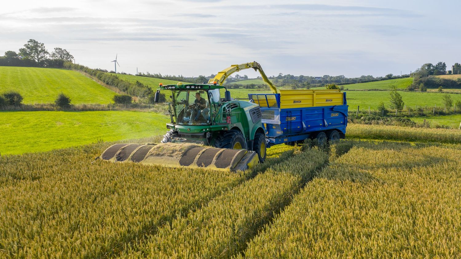 Agricultural machinery harvesting wheat crop with tractor and grain cart working together in golden field.