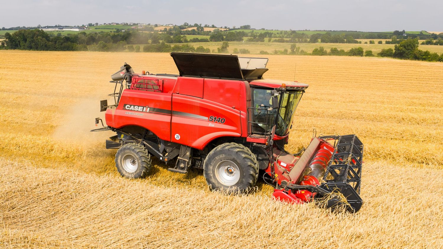A red Case IH combine harvester operates in a golden wheat field during harvest season.