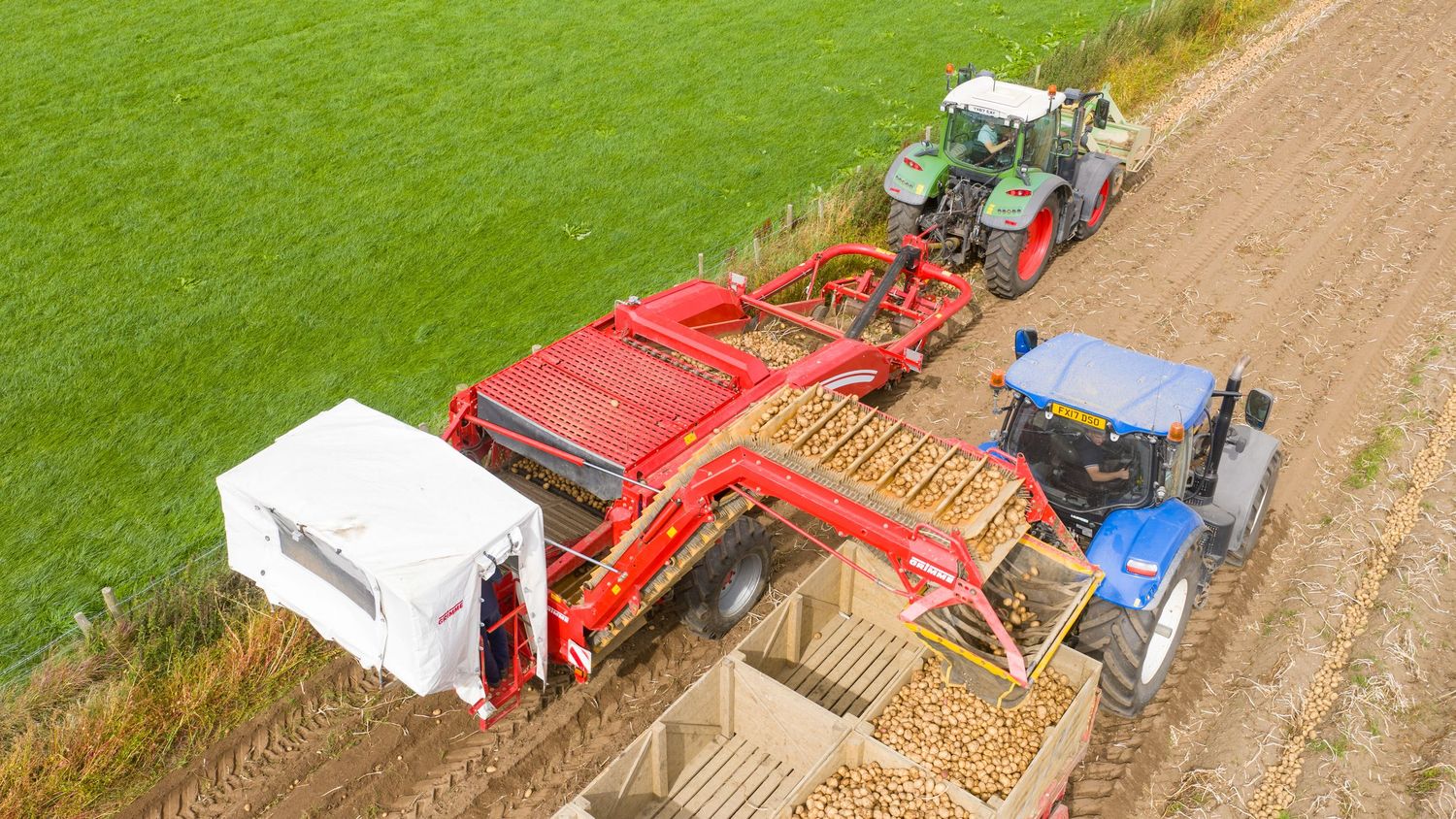 Modern farming equipment harvests grain in a field while unloading into machinery during autumn harvest season.