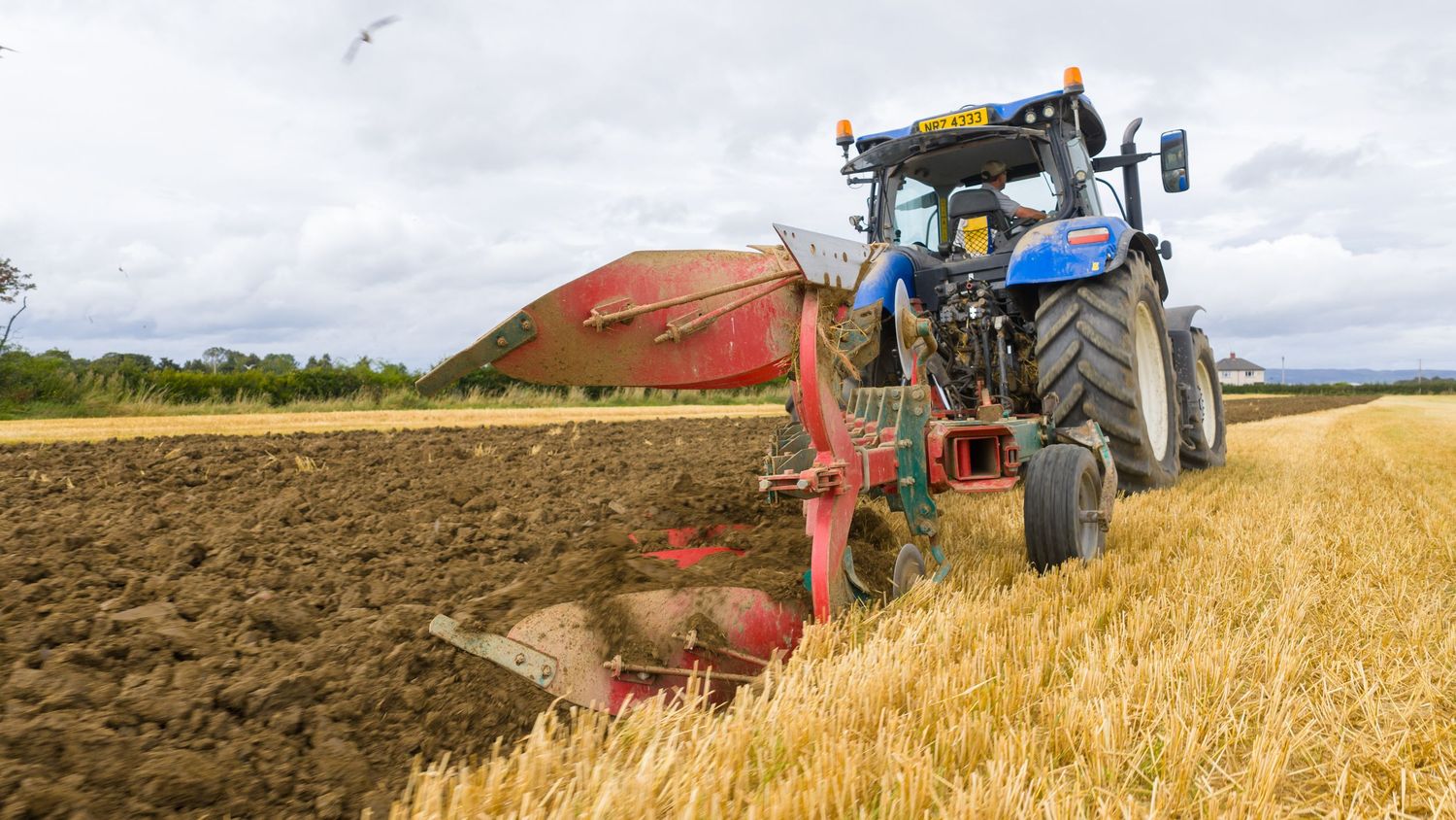 Tractor and agriculture machinery lineup working in golden wheat fields during harvest season under cloudy skies.