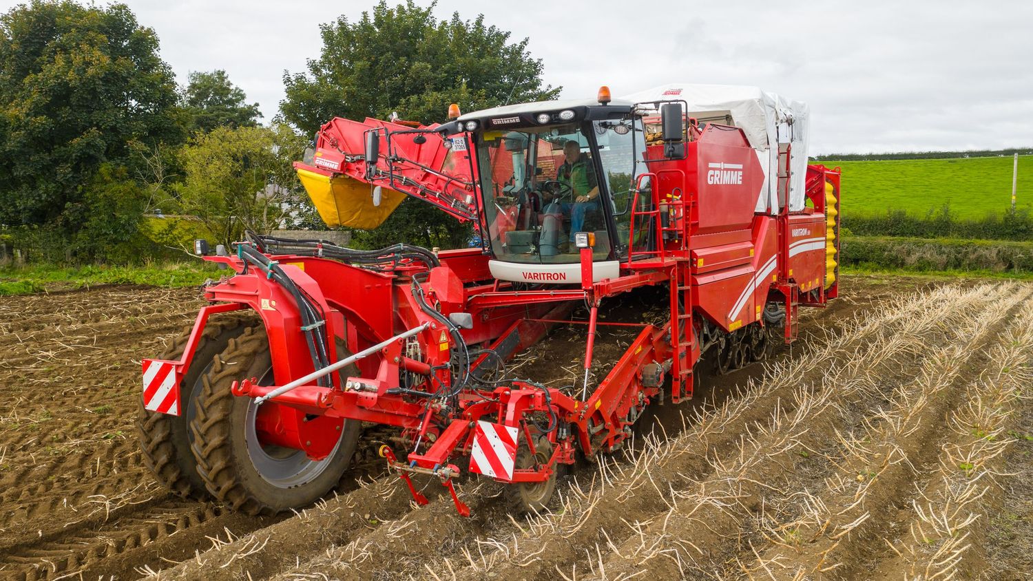 Six large red potato harvesters work in sequence across a farm field during harvest season to collect crops.