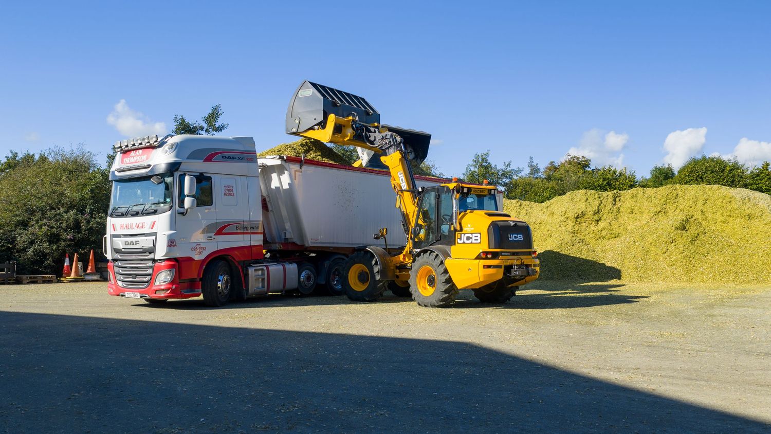 Large industrial trucks and machinery are lined up at an outdoor grain storage facility under a clear blue sky.