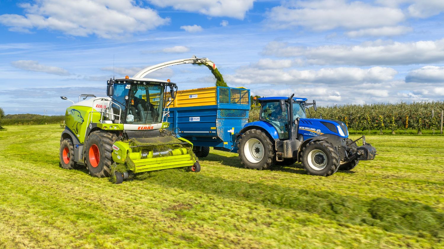 Agricultural machine operates in lush green field under blue sky with white puffy clouds during harvest season.