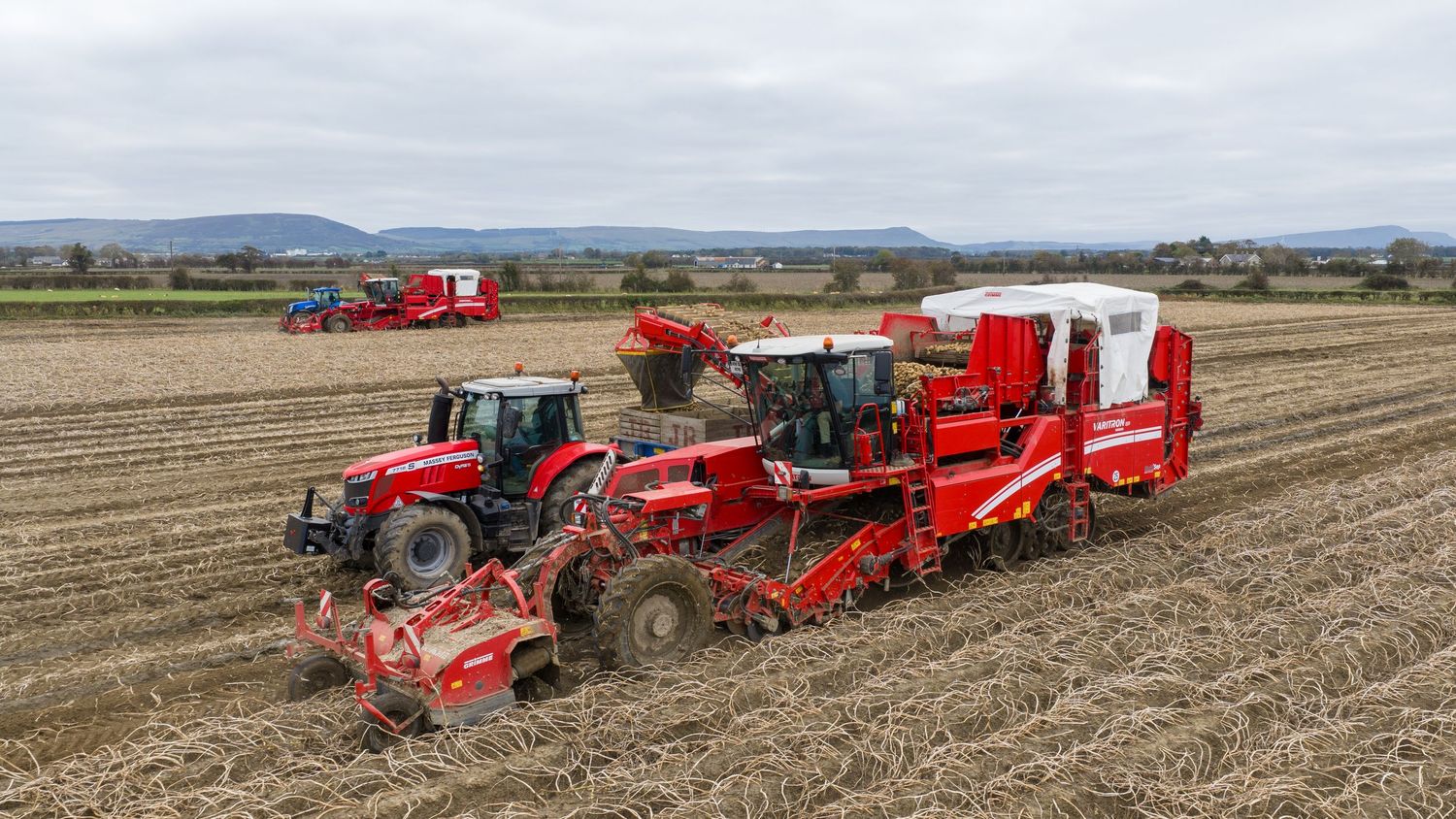 Red agricultural machinery harvests potatoes in a field with mountains visible in the distant background.
