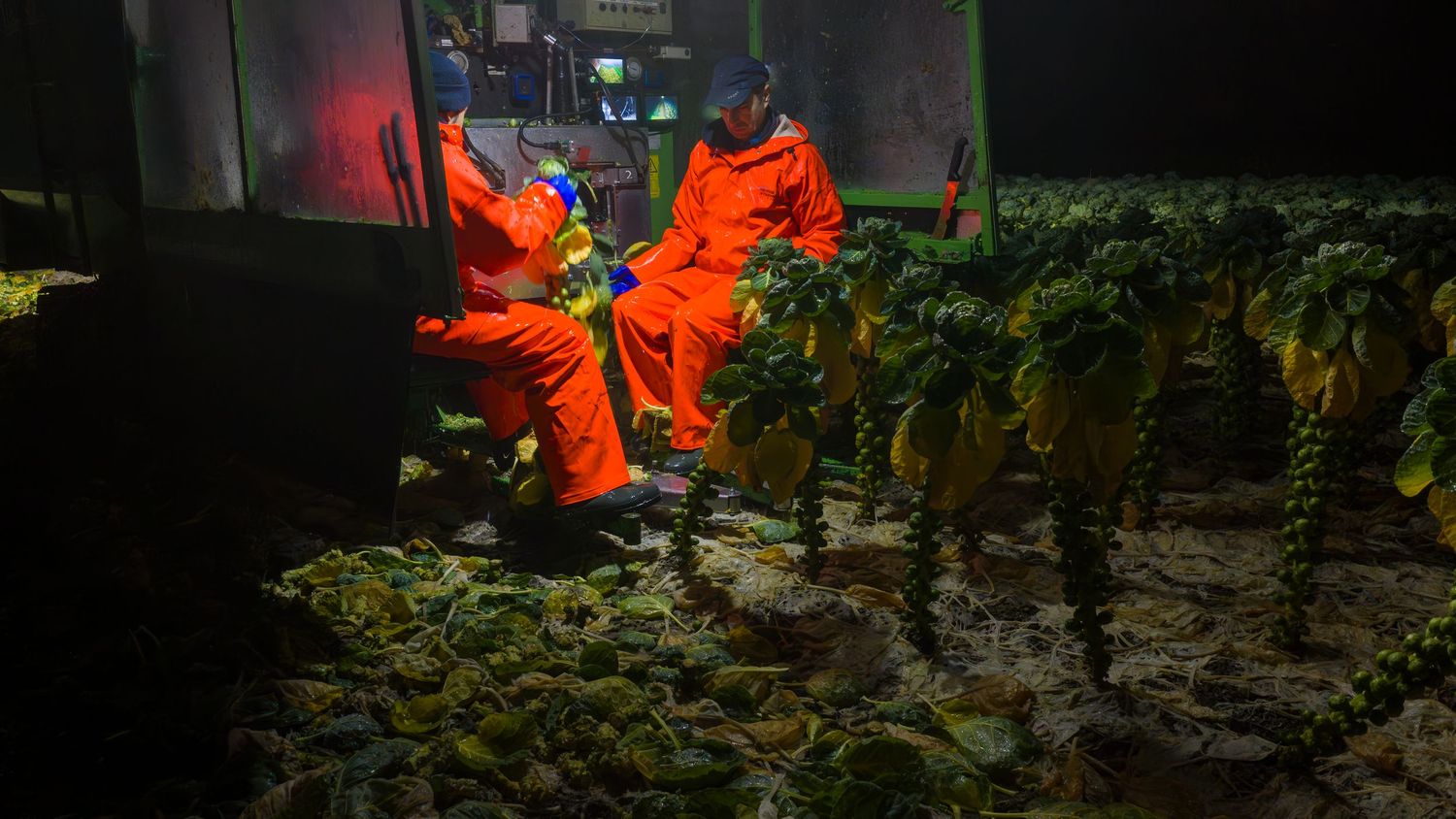 Emergency rescue workers in bright orange gear respond to a disaster scene at night with floodlights illuminating the area.